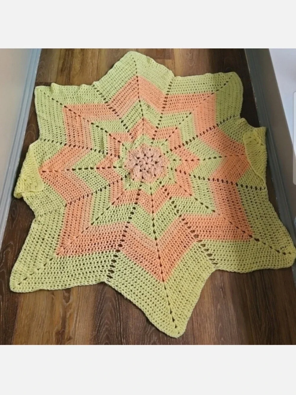 8 point Star Snowflake Crochet Knit Baby Blanket Throw Yellow Pink Peach Coral